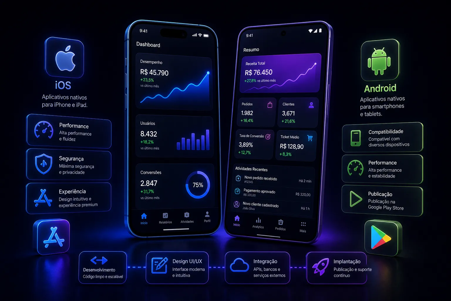Dois smartphones 3D lado a lado representando aplicativos iOS e Android com glow azul