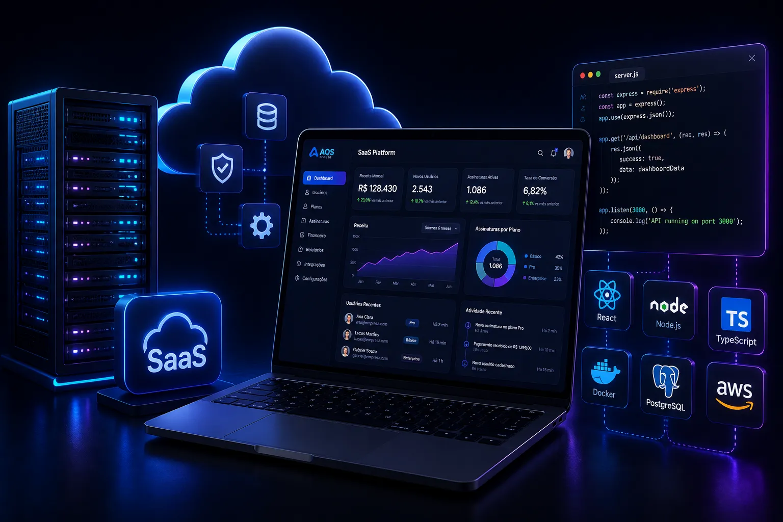 Render 3D de cloud, servidor e dashboard SaaS com circuitos azuis