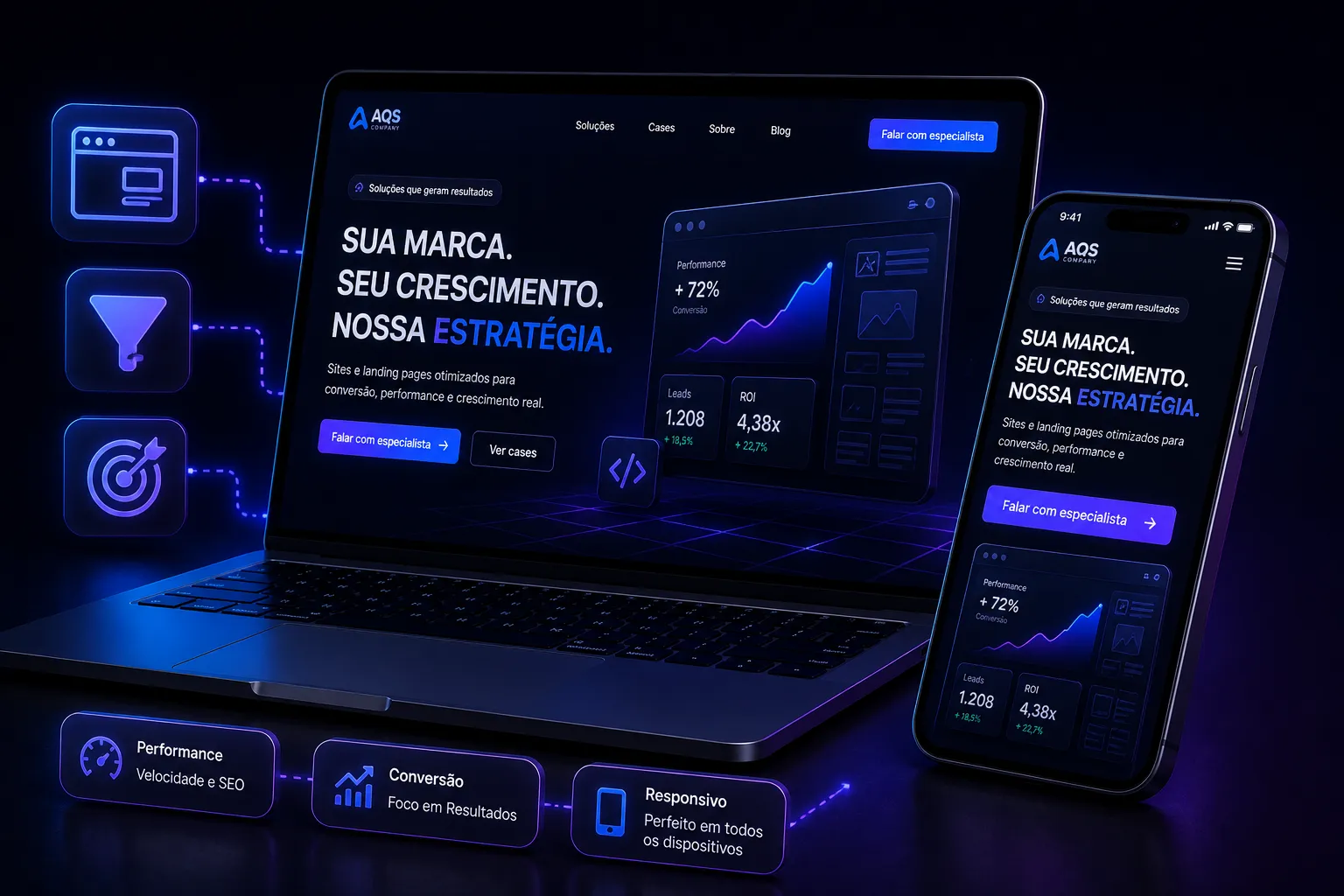 Notebook e celular 3D mostrando uma landing page premium com identidade dark e glow azul