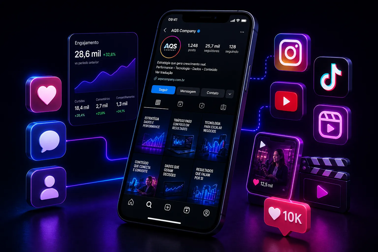 Smartphone 3D mostrando feed de redes sociais com ícones flutuantes de curtida, comentário e usuário