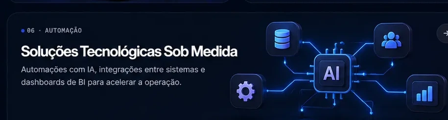 Núcleo de IA conectado a banco de dados, CRM, dashboard e automações com circuitos brilhantes azuis