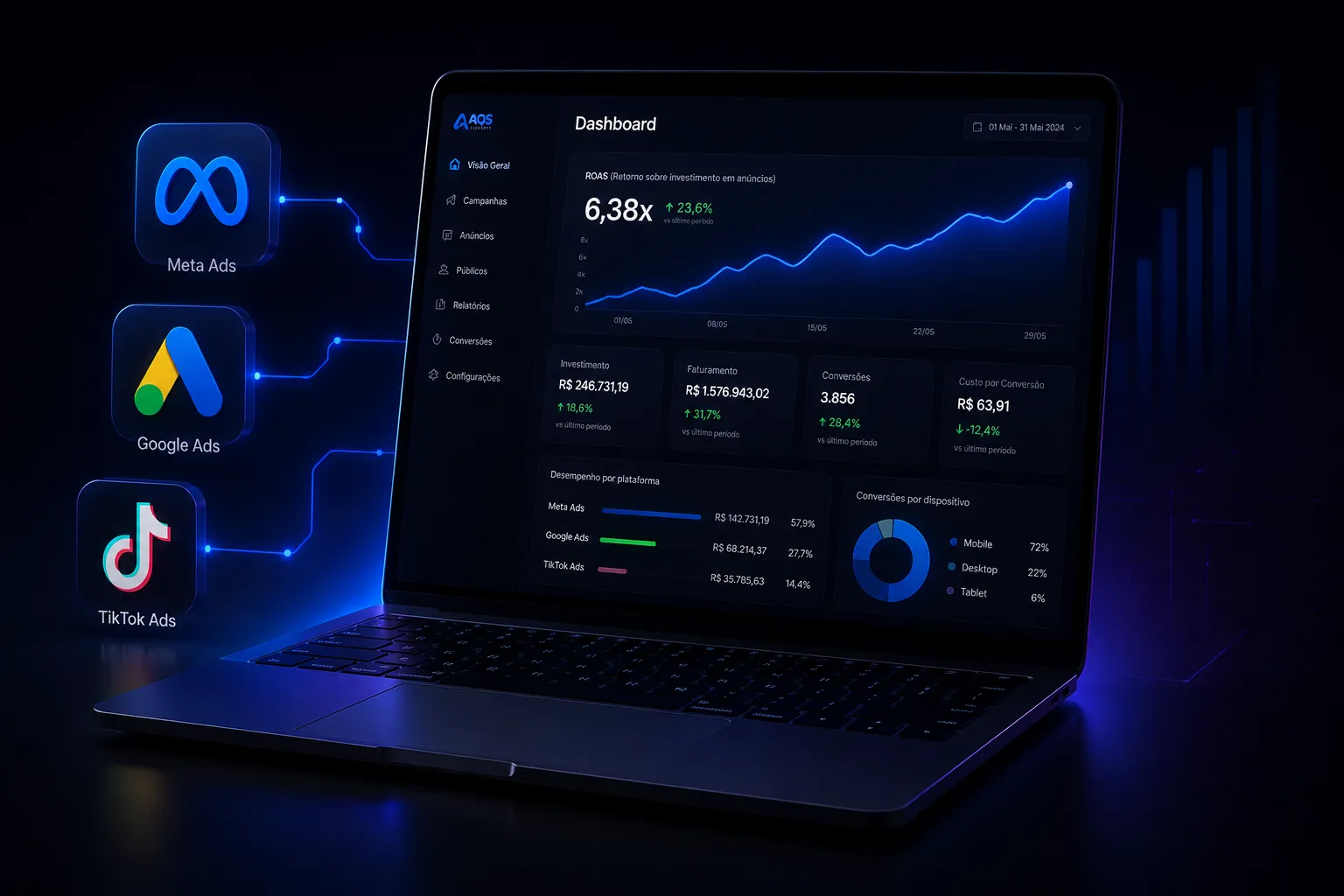 Notebook 3D mostrando dashboard de tráfego pago com ROAS e ícones Meta, Google Ads e TikTok